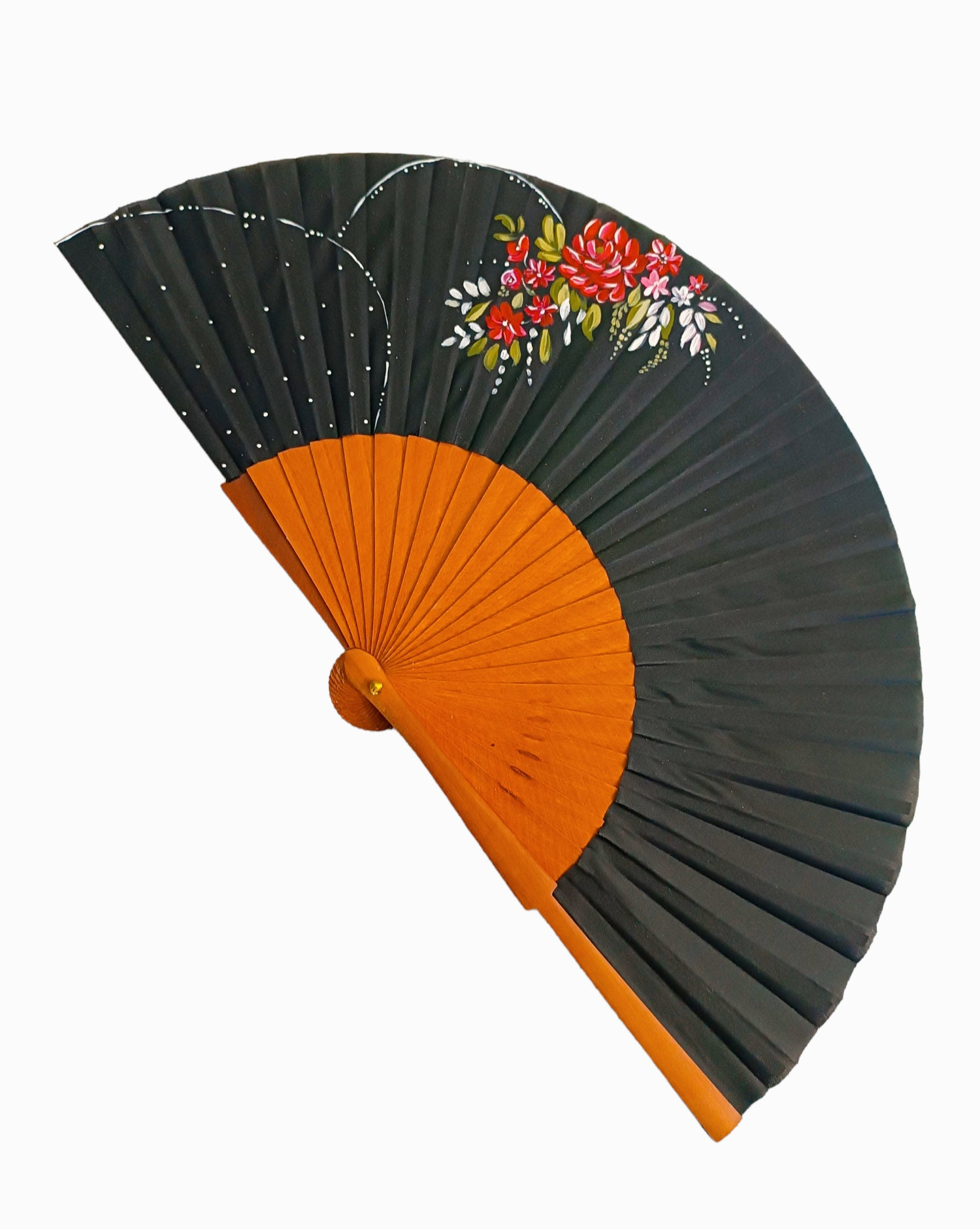 Rose Black Floral Folding Fan - Image 2