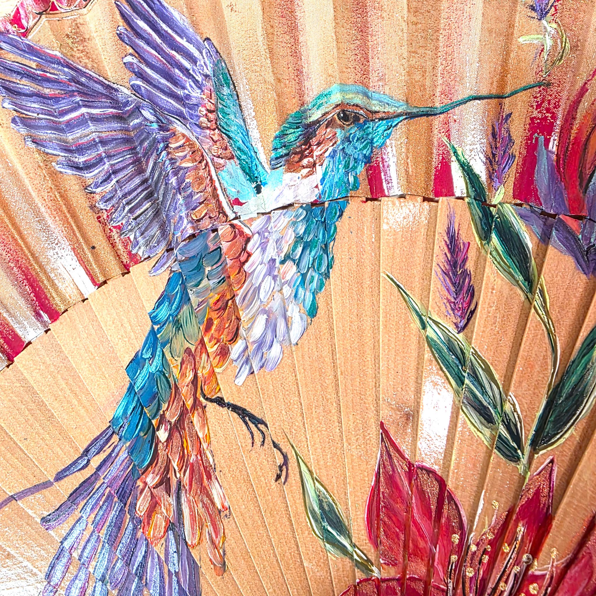 Hand-Painted Hummingbird Folding Fan - Image 7