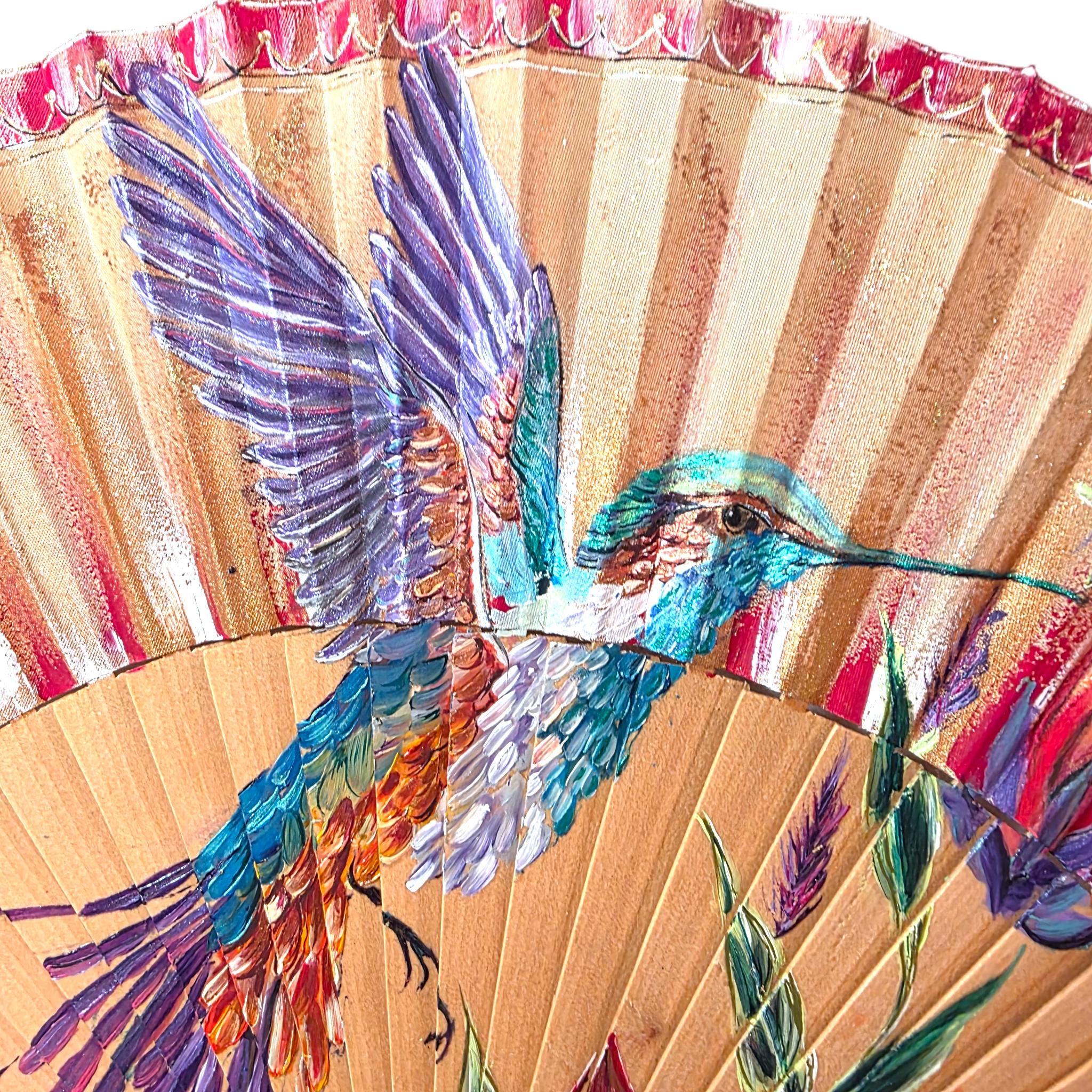 Hand-Painted Hummingbird Folding Fan - Image 4