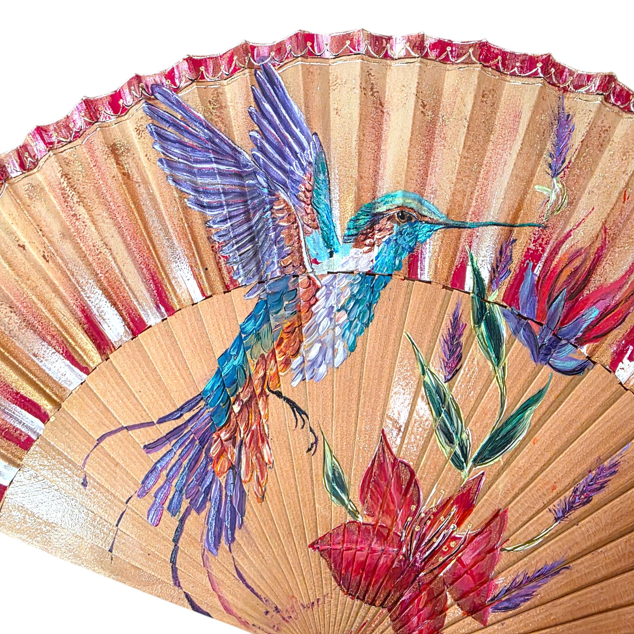 Hand-Painted Hummingbird Folding Fan - Image 2