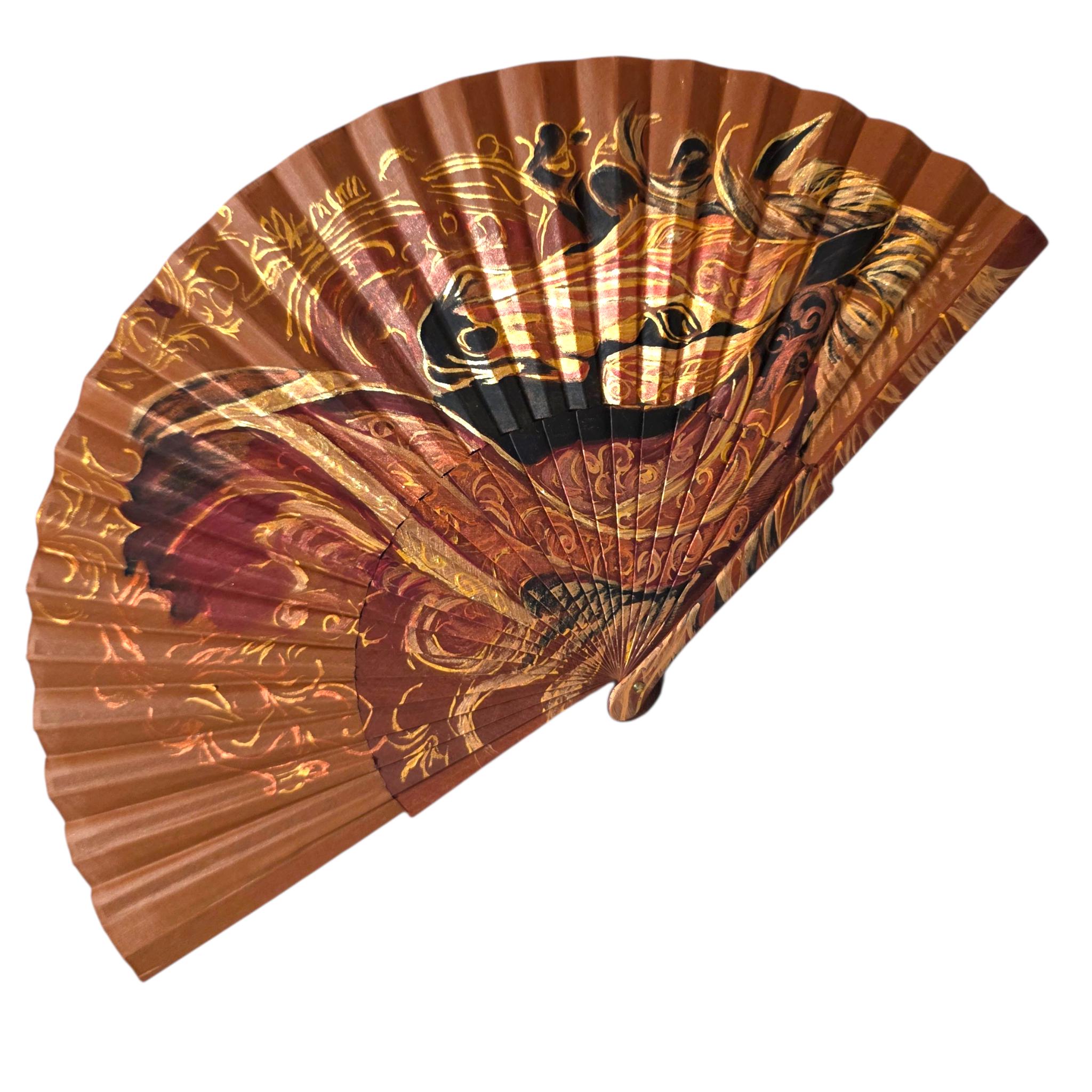 Hand-Painted Brown Peacock Folding Fan - Image 4