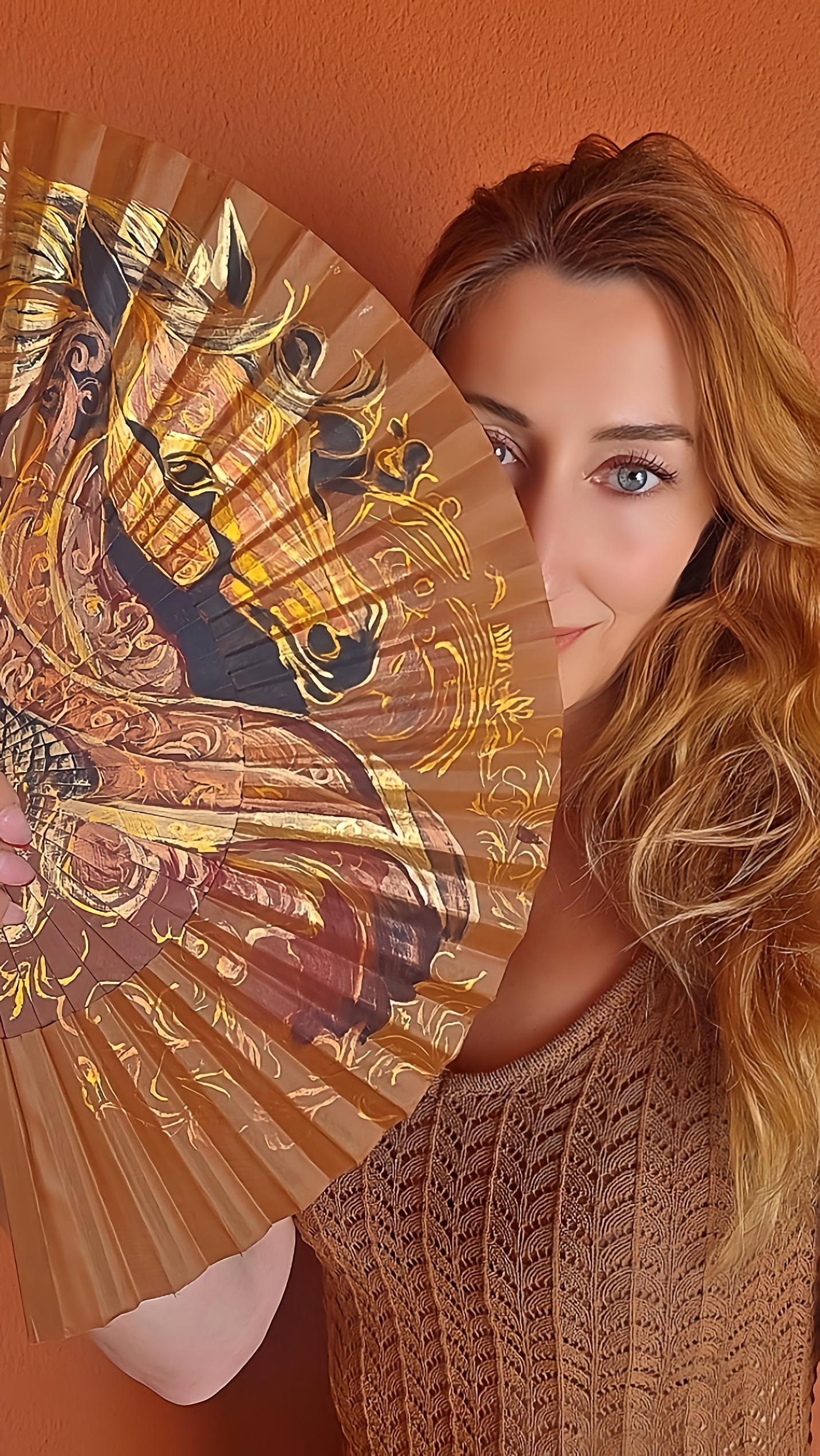 Hand-Painted Brown Peacock Folding Fan - Image 5