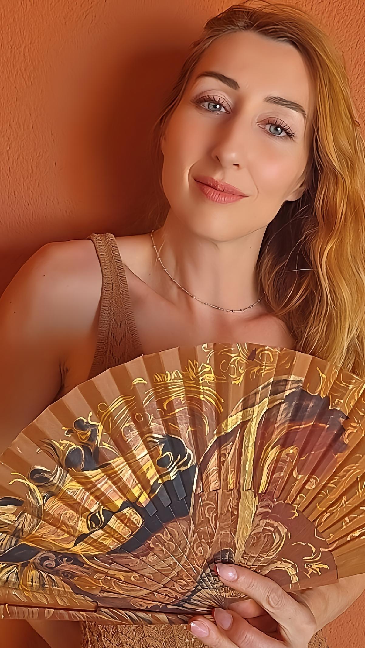 Hand-Painted Brown Peacock Folding Fan - Image 6