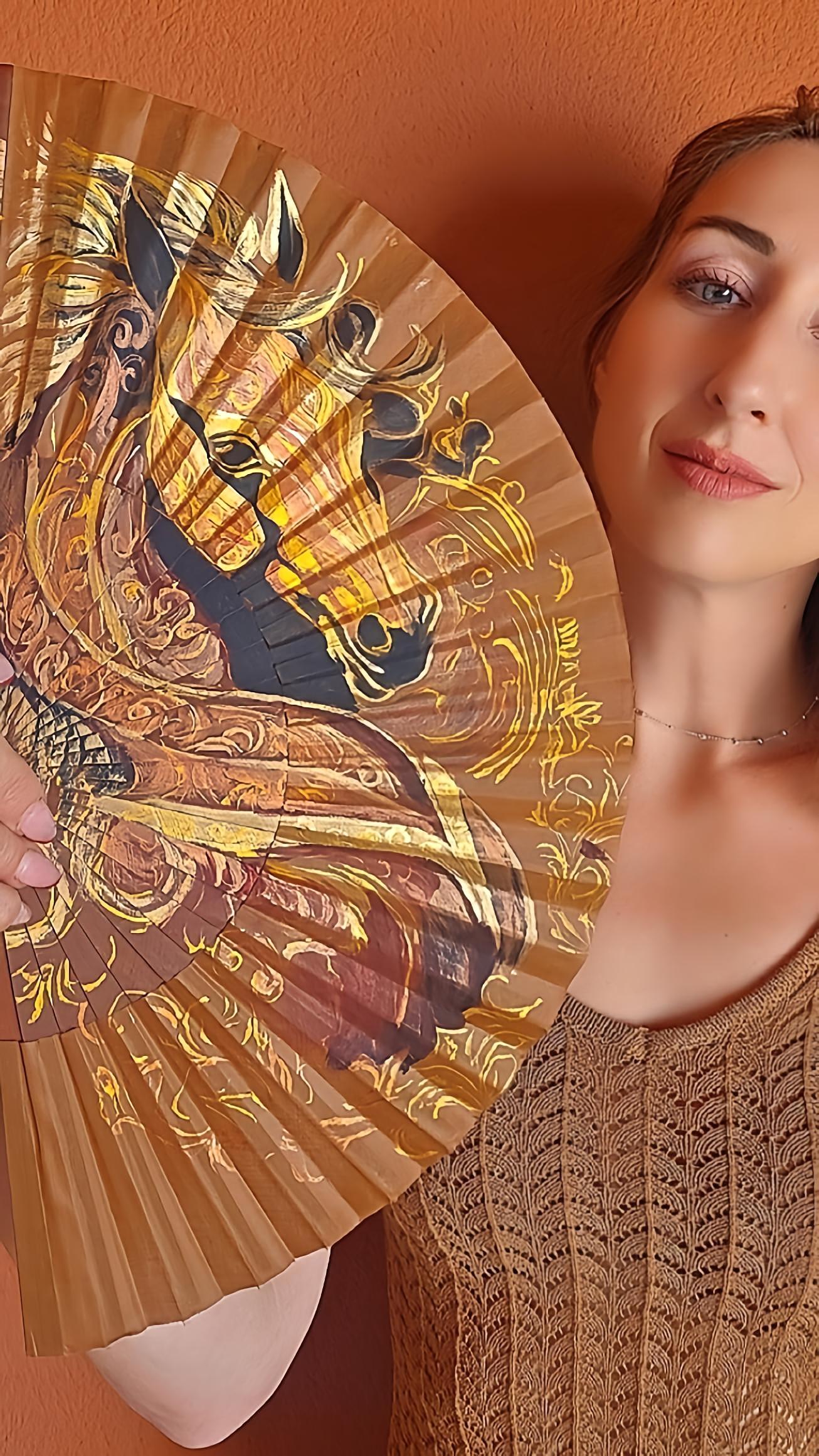 Hand-Painted Brown Peacock Folding Fan - Image 8