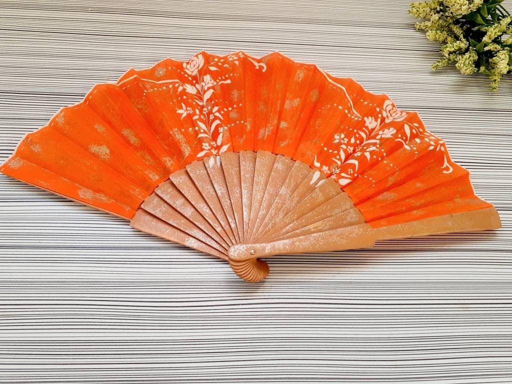 Hand-Painted Bright Orange Folding Fan - Image 2