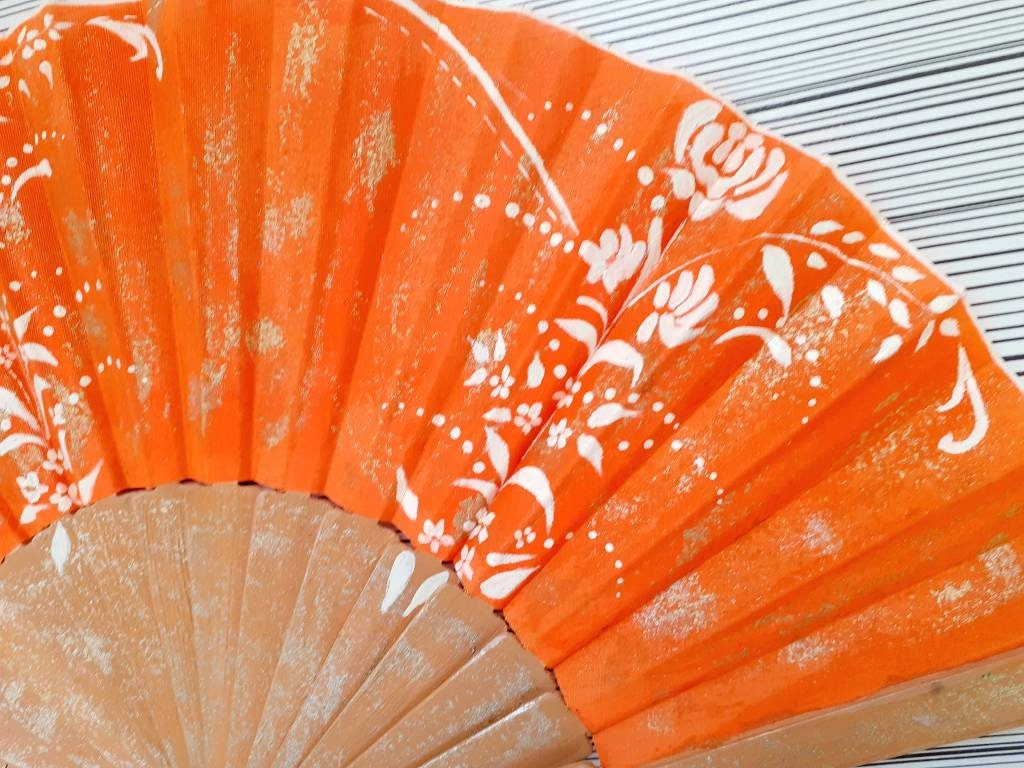 Hand-Painted Bright Orange Folding Fan - Image 6