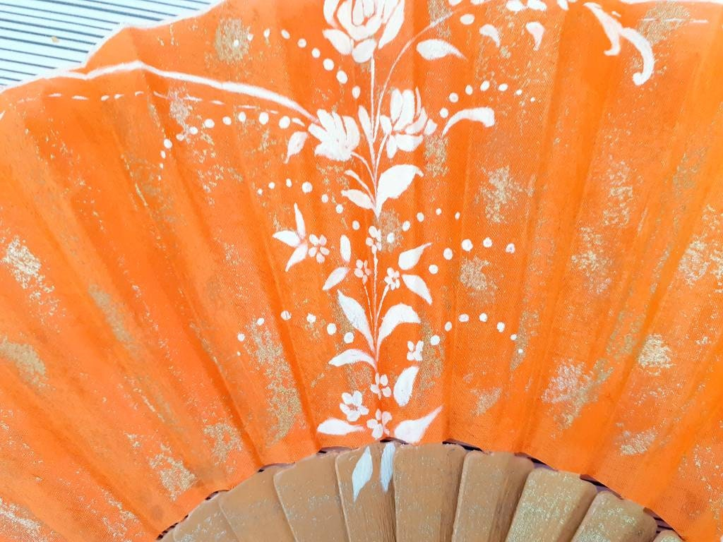 Hand-Painted Bright Orange Folding Fan - Image 5