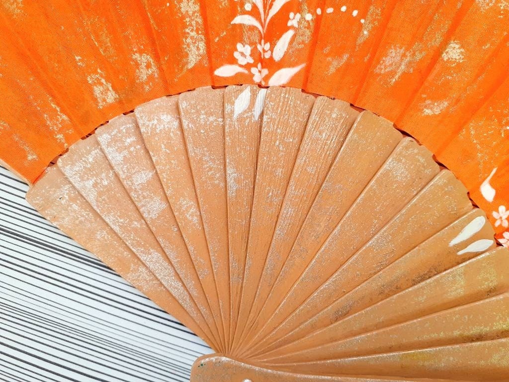 Hand-Painted Bright Orange Folding Fan - Image 4