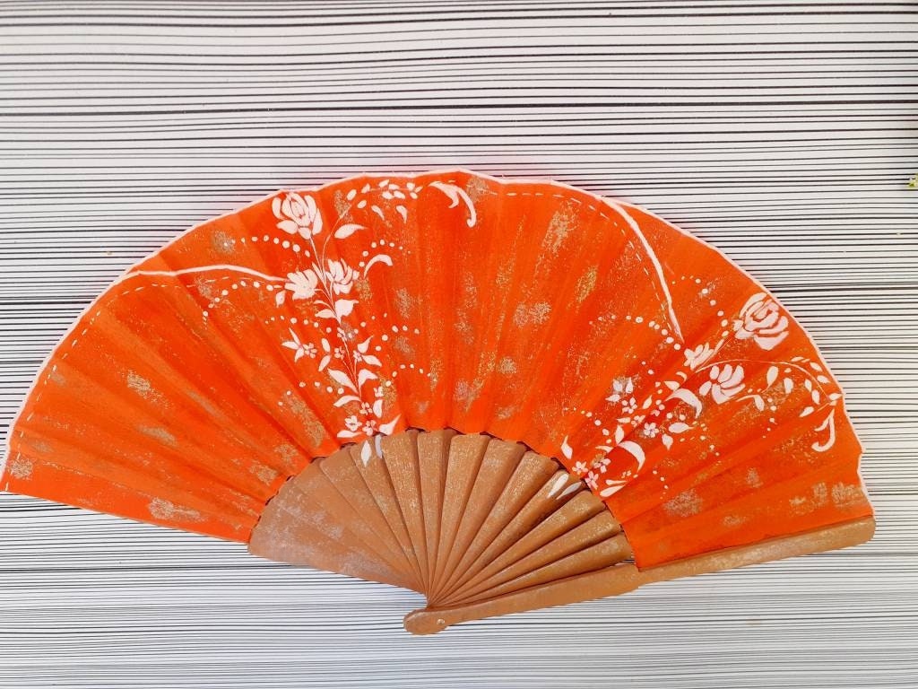 Hand-Painted Bright Orange Folding Fan - Image 3