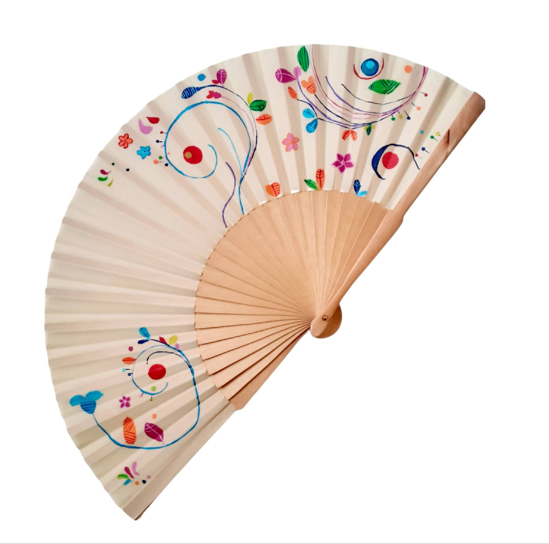 Hand-Painted White Abstract Floral Folding Fan - Image 2