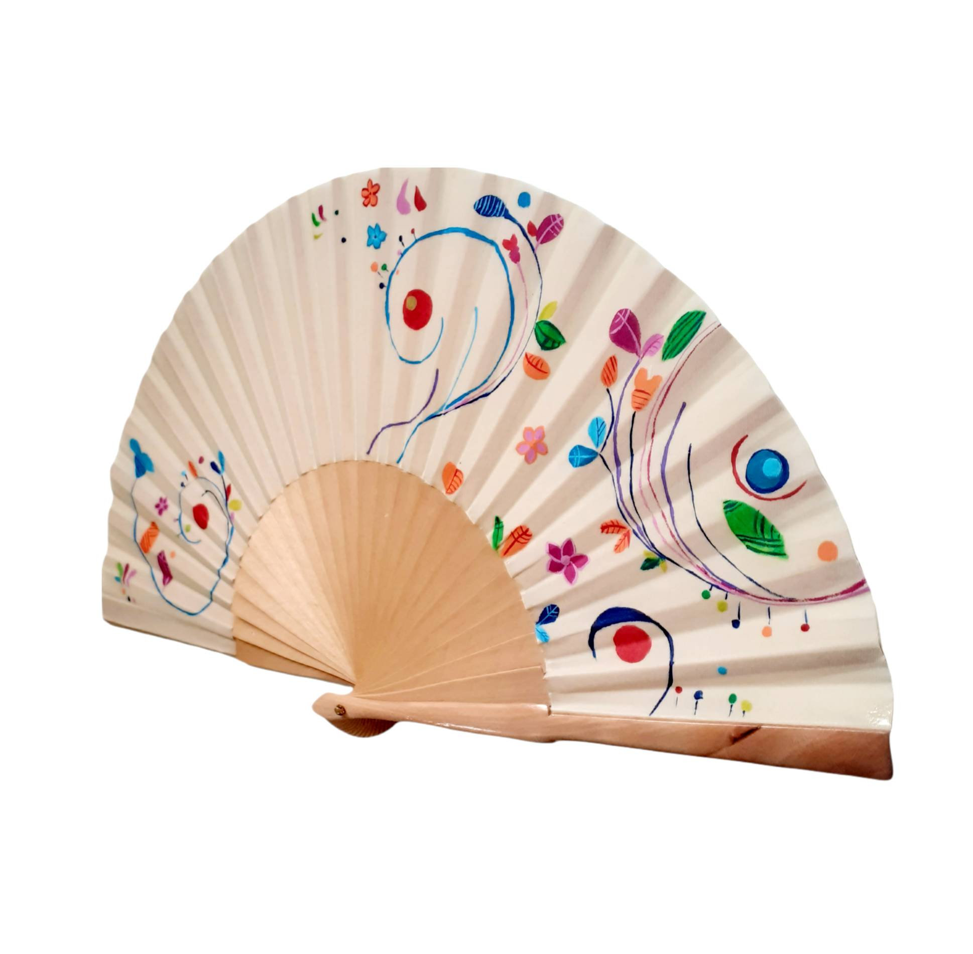 Hand-Painted White Abstract Floral Folding Fan - Image 3